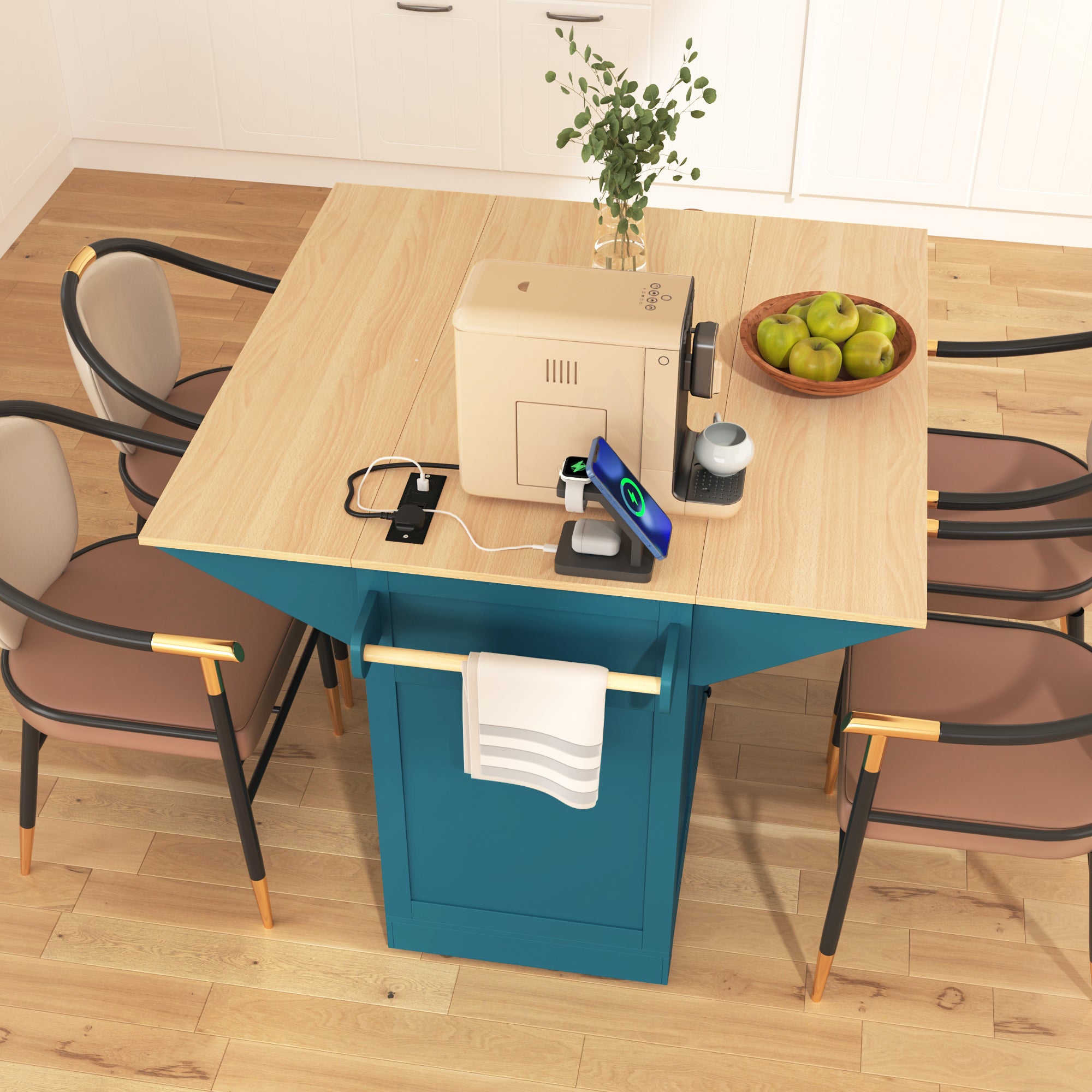 K&K 55.7'' Large Kitchen Island with 2 Drop Leaf,, Rolling Kitchen Cart on 5 Wheels with Power Outlet, Folding Storage Dining Table with Spice & Towel Rack , 3 Drawers, for Kitchen, Dining Room,Green - Grand Goldman Shop