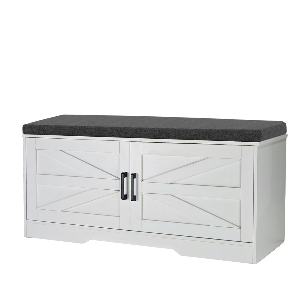 2 Tier Shoe Bench with Padded Seat, 2 Barn Doors and Adjustable Shelves, for Entryway and Living Room, White MDF - Grand Goldman Shop