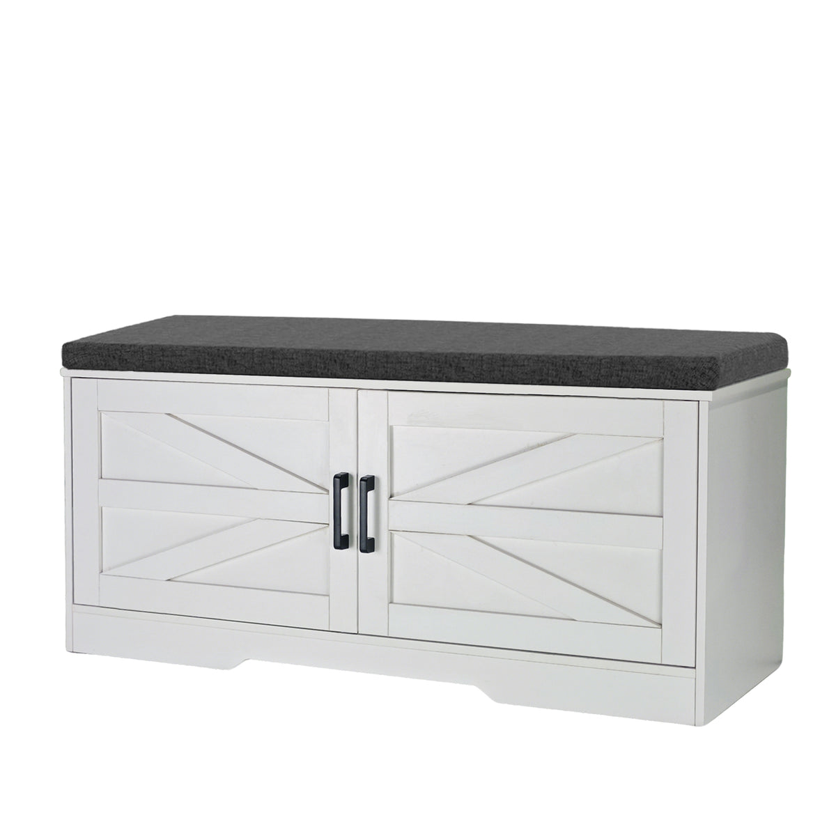 2 Tier Shoe Bench with Padded Seat, 2 Barn Doors and Adjustable Shelves, for Entryway and Living Room, White MDF - Grand Goldman Shop