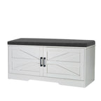 2 Tier Shoe Bench with Padded Seat, 2 Barn Doors and Adjustable Shelves, for Entryway and Living Room, White MDF - Grand Goldman Shop