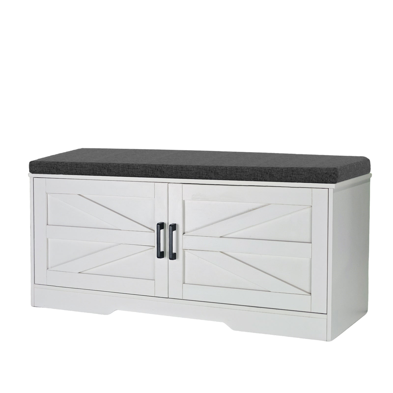 2 Tier Shoe Bench with Padded Seat, 2 Barn Doors and Adjustable Shelves, for Entryway and Living Room, White MDF - Grand Goldman Shop