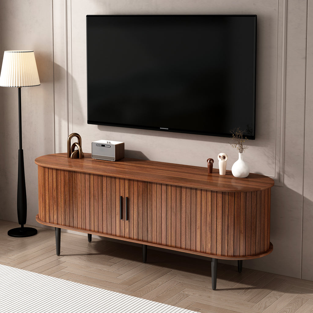 TV Stand, 55' Modern TV Console Table with Storage Compartment and Sliding Door, Gaming Entertainment Center with Cabinet for Living Room, Bedroom, Office (Walnut) - Grand Goldman Shop
