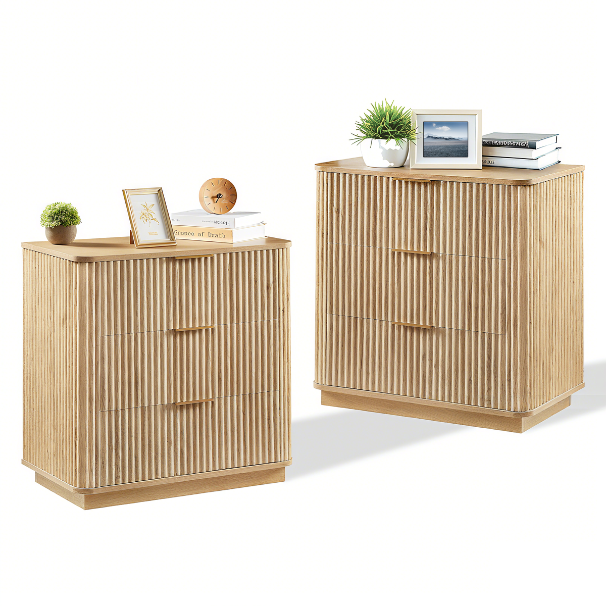 3 Drawers Drasser 2PCS, 27.6'' Wide Modern Chest of Drawers Curved wave Design,Nightstand,Wood Drawer Organizer for Bedroom, Living Room, Hallway, Oak,27.6''W x 15.8''D x 27.4''H. - Grand Goldman Shop
