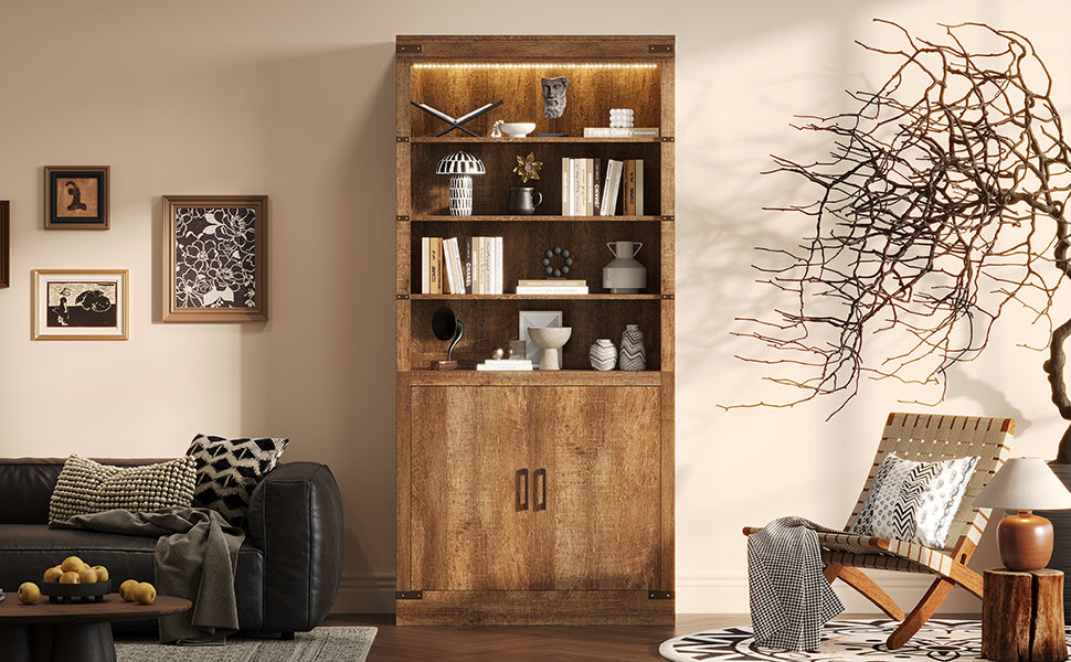 83.4'Tall Modern Bookshelf with Doors, Farmhouse Bookcase with 3-Tier Adjustable Shelves, Display Shelves with LED Light,Larg