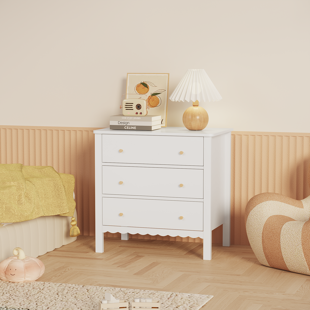 White 3 Drawer Dresser for Bedroom, Modern MDF Painted Chest of Drawers with Gold Knobs, Wooden Storage Cabinet for Kids, Nur