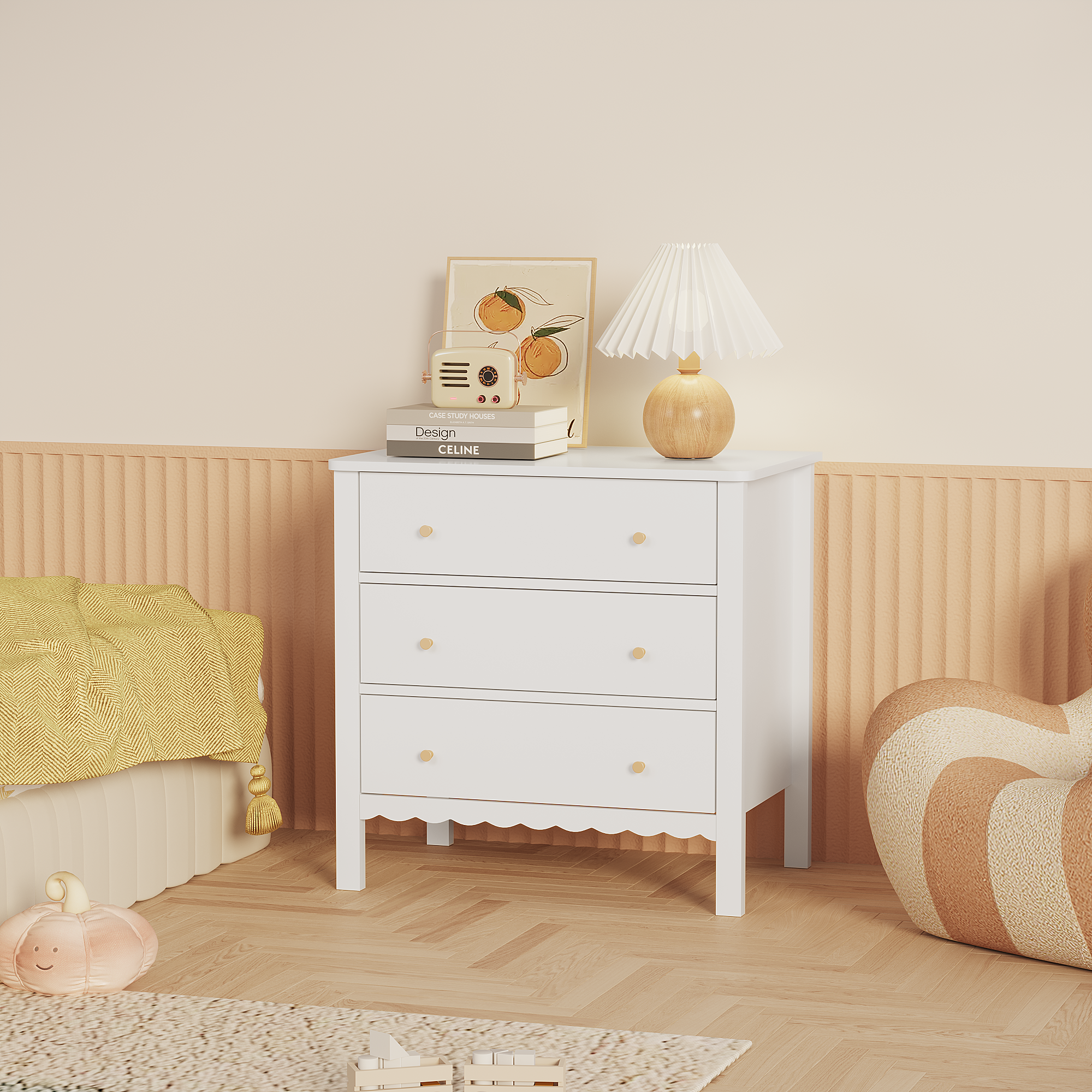 White 3 Drawer Dresser for Bedroom, Modern MDF Painted Chest of Drawers with Gold Knobs, Wooden Storage Cabinet for Kids, Nur