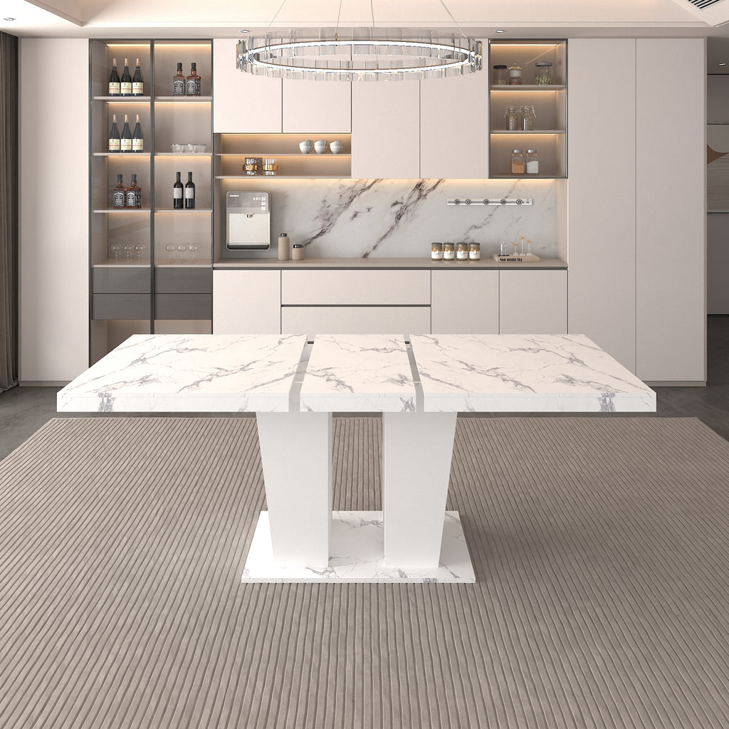 Extendable Dining Room Table for 6-10 Modern White Faux Marble Wooden Expandable Kitchen Table w/Dual Column Pedestal Base, Large Rectangle Dining Table - Grand Goldman Shop