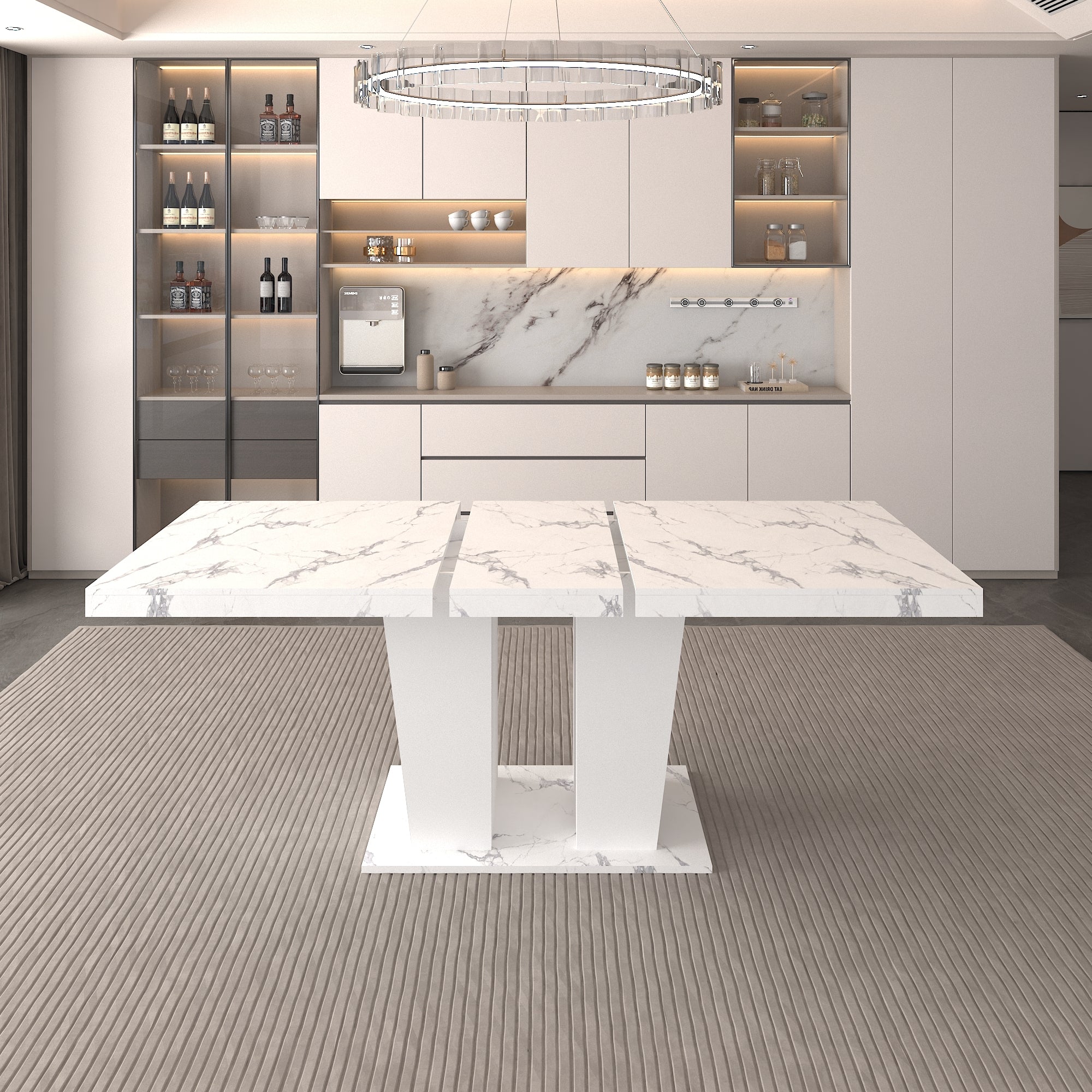 Extendable Dining Room Table for 6-10 Modern White Faux Marble Wooden Expandable Kitchen Table w/Dual Column Pedestal Base, Large Rectangle Dining Table - Grand Goldman Shop