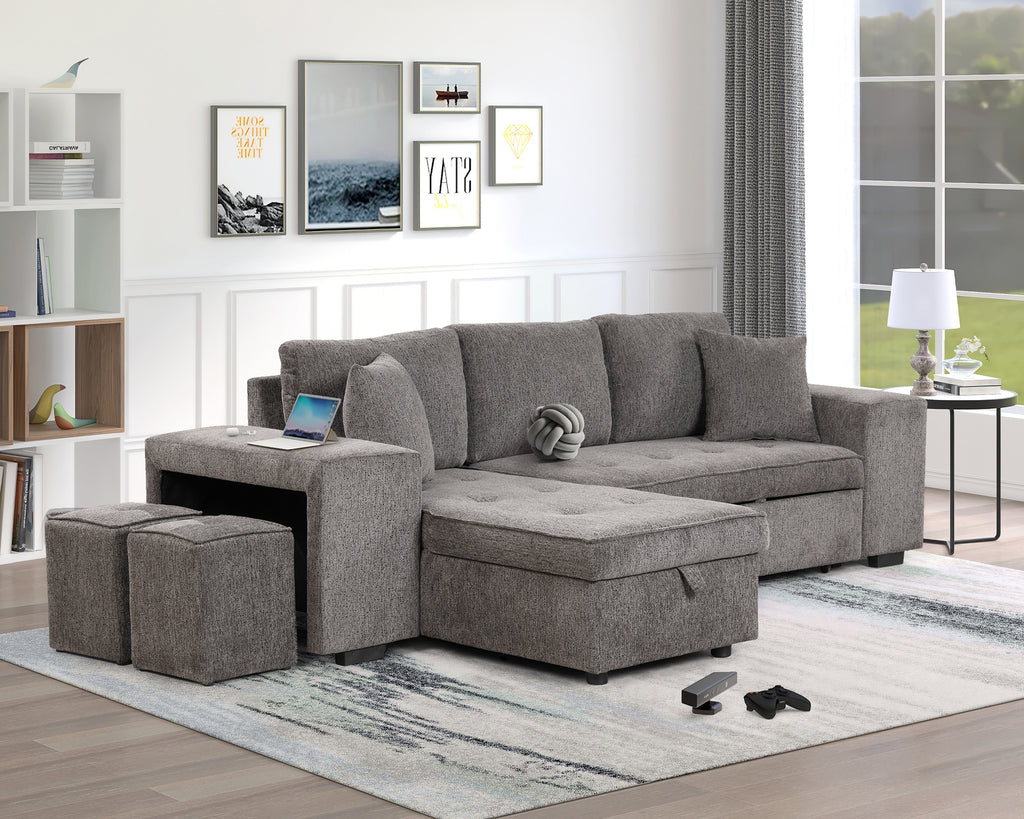 104.5' Modern L-Shape 3 Seat Reversible Sectional Couch, Pull Out Sleeper Sofa with Storage Chaise and 2 Stools for Living Room Furniture Set,Knox Charcoal (old sku:SG000431AAA) - Grand Goldman Shop