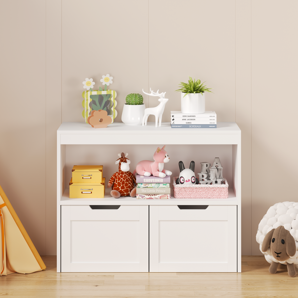 White Book Organizer with Large Drawers and Open Shelves, MDF Toy Storage Cabinet with Removable Wheels and Rounded Edges | P