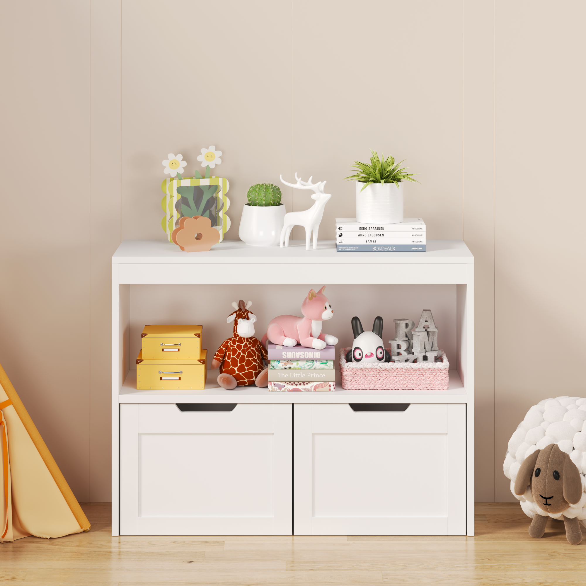 White Book Organizer with Large Drawers and Open Shelves, MDF Toy Storage Cabinet with Removable Wheels and Rounded Edges | P
