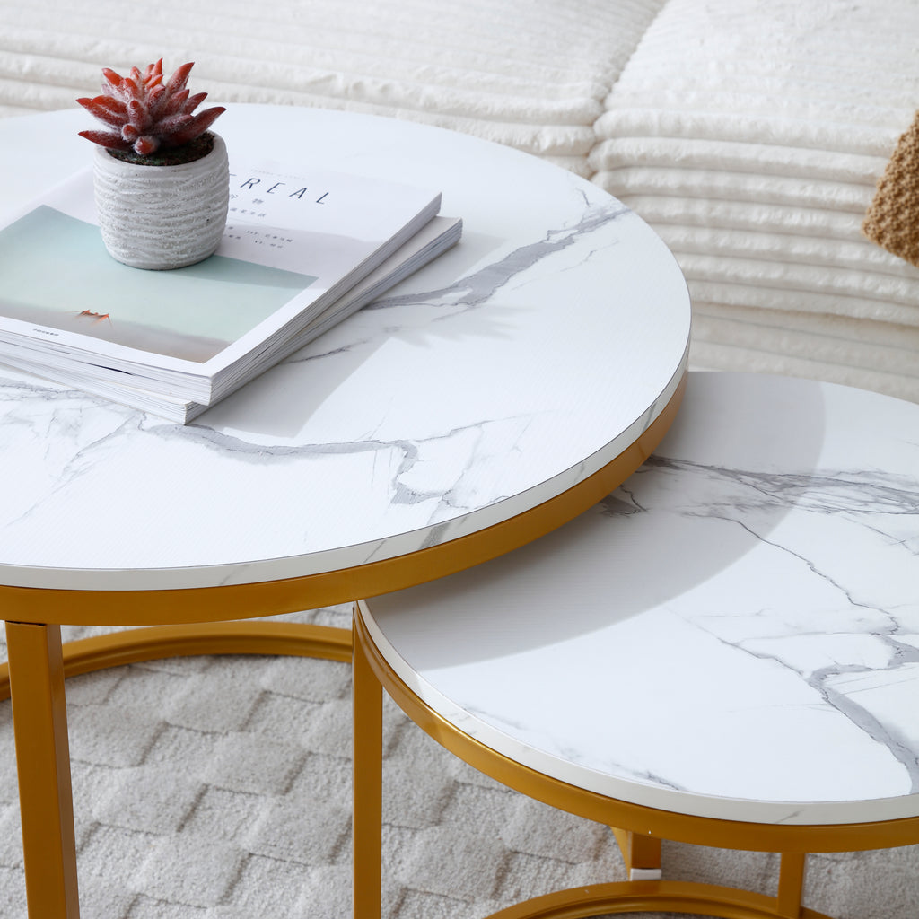 Set 2 Coffee Table Nesting White and gray top  Golden Frame Circular Round and Marble Pattern Wooden Tables, Living Room Bedroom Apartment Modern Industrial Simple Nightstand - Grand Goldman Shop