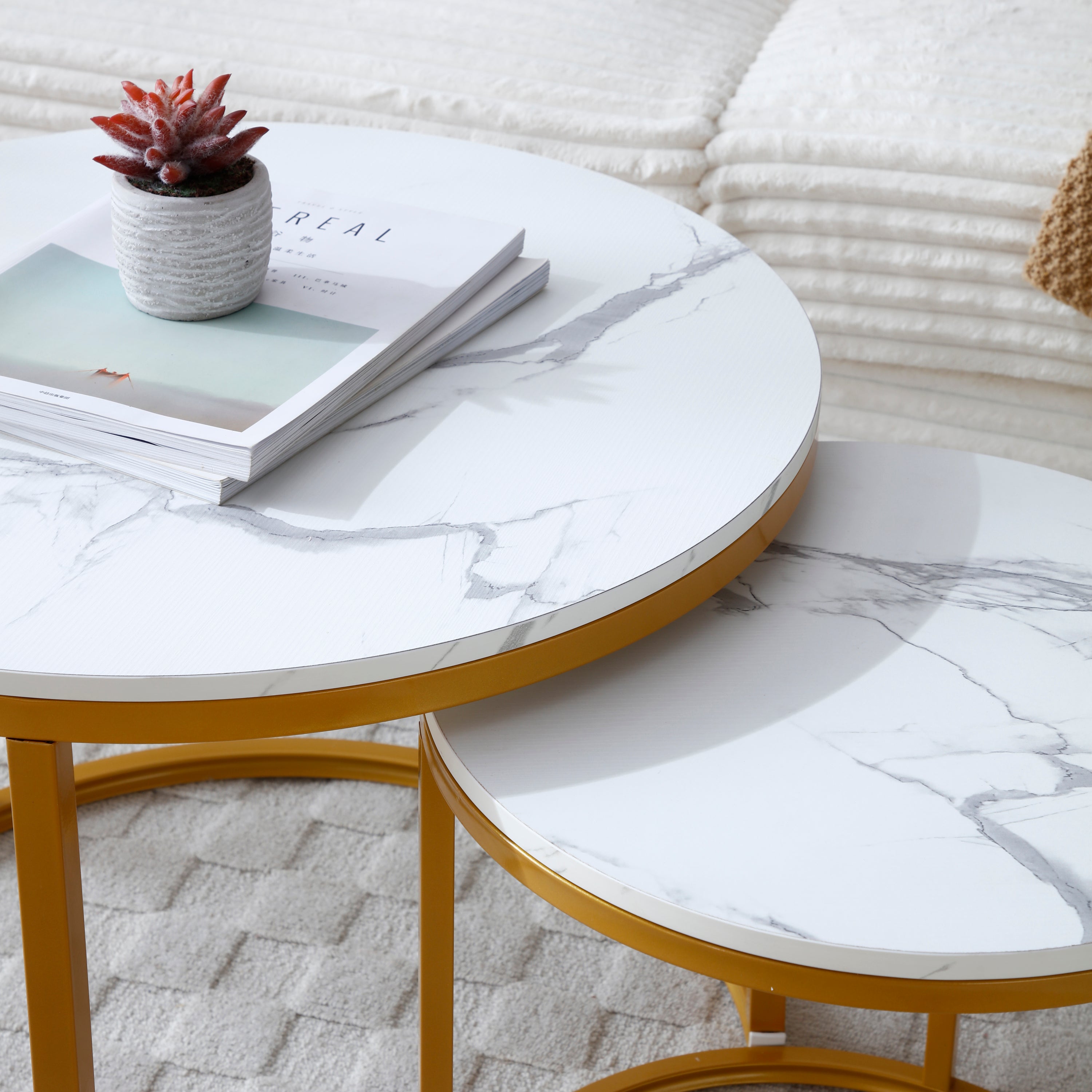 Set 2 Coffee Table Nesting White and gray top  Golden Frame Circular Round and Marble Pattern Wooden Tables, Living Room Bedroom Apartment Modern Industrial Simple Nightstand - Grand Goldman Shop