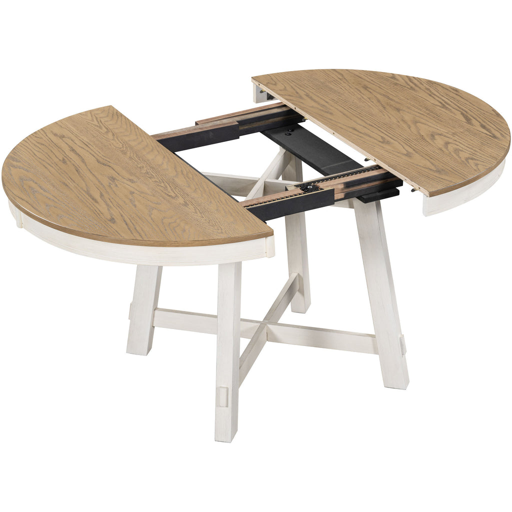TREXM Farmhouse Round Extendable Dining Table with 16' Leaf Wood Kitchen Table (Oak Natural Wood + Antique White) - Grand Goldman Shop