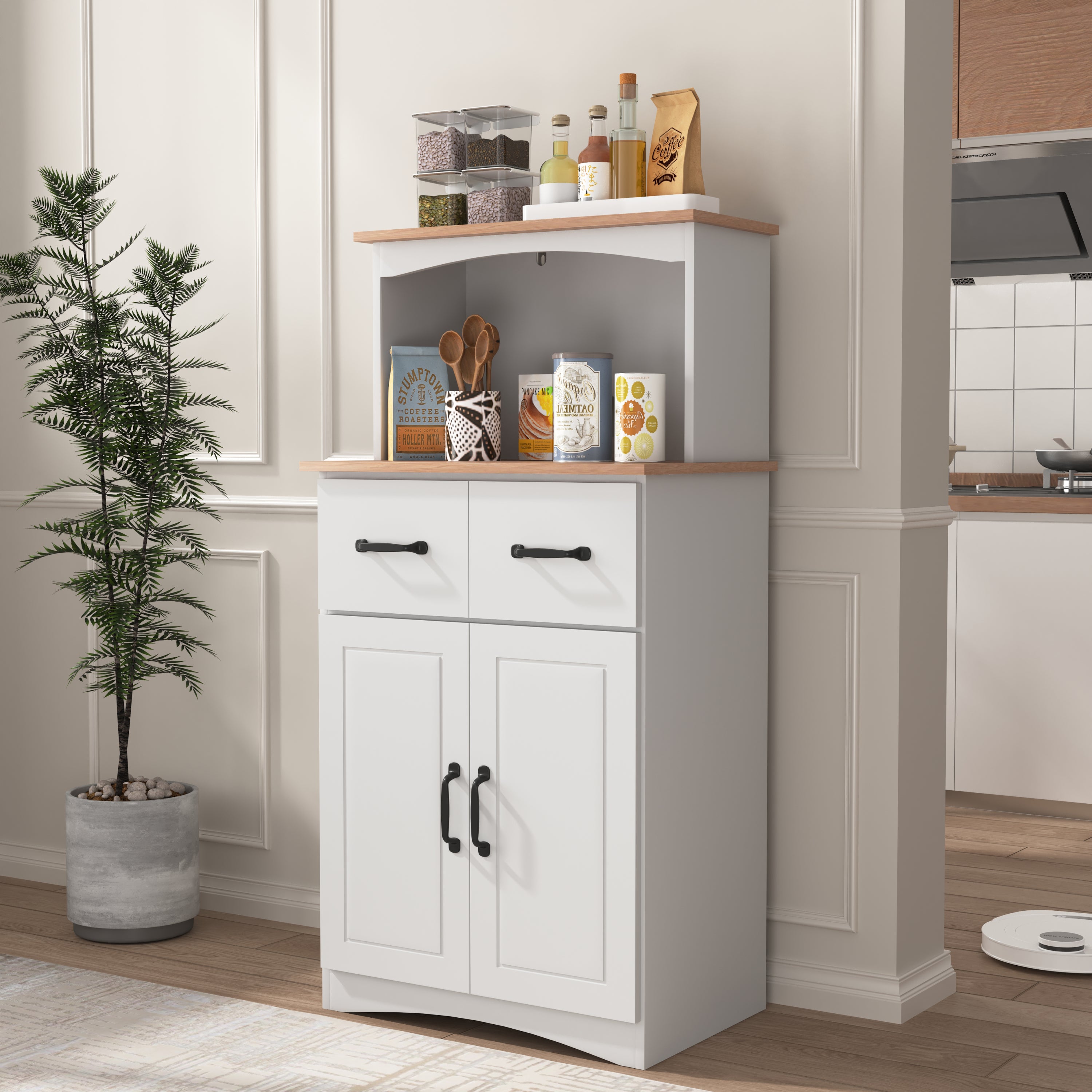 Wooden Kitchen Cabinet White Pantry Storage Microwave Cabinet with Storage Drawer - Grand Goldman Shop