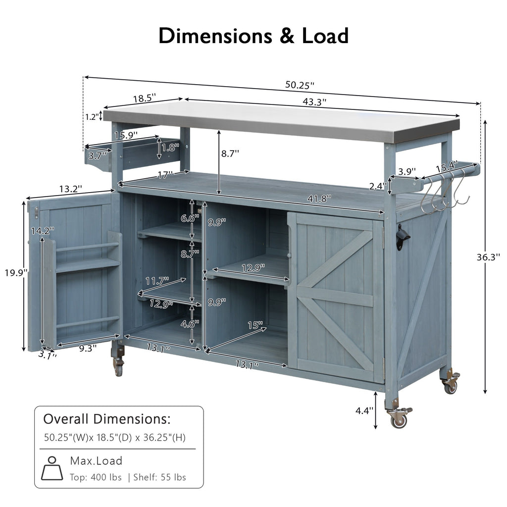 K&K Outdoor Kitchen Island, Rolling Bar Cart & Storage Cabinet, Farmhouse Solid Wood Outdoor Grill Table with Stainless Steel Top, Spice Rack , Towel Rack for Kitchen & BBQ , Grey Blue - Grand Goldman Shop