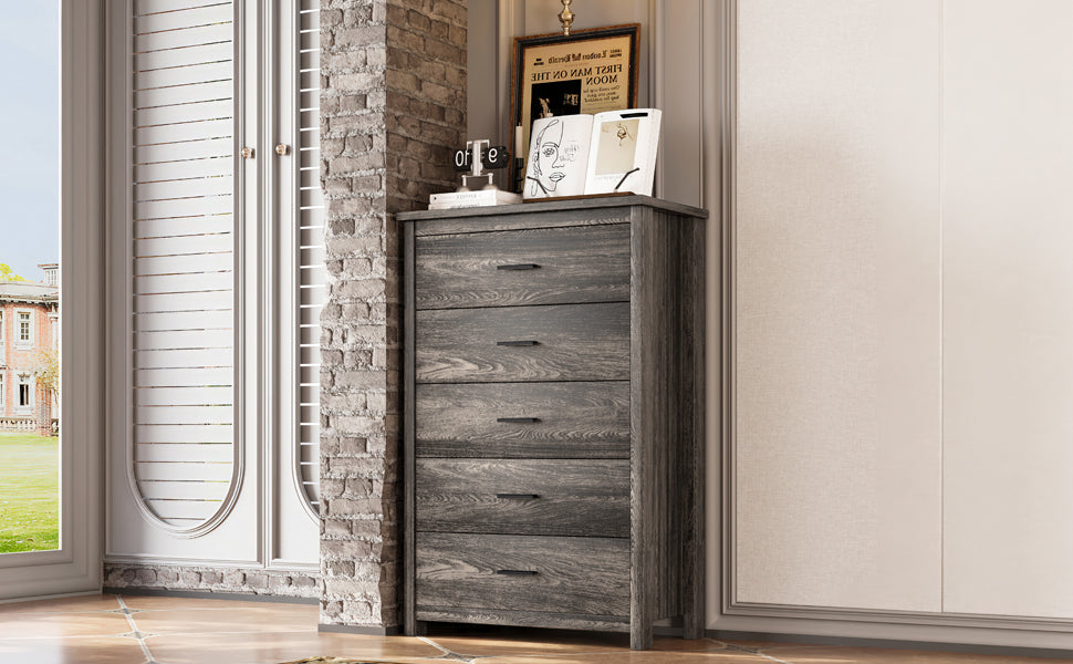 4PCS Bedroom Sets, Wooden Queen Size Bed Frame with Storage Headboard and Charging Station, 2 Nightstands with 2 Drawers, 1 Dresser with 5 Drawers, Antique Gray - Grand Goldman Shop