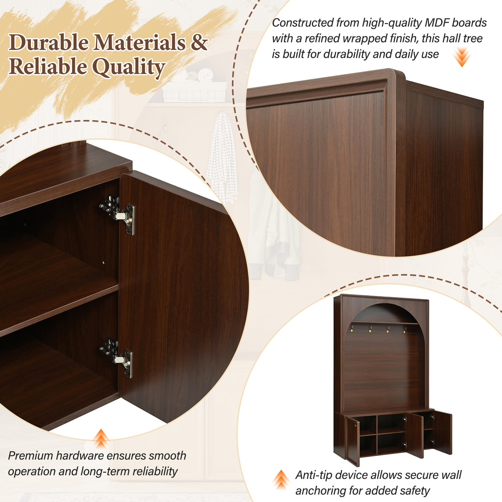 ON-TREND Farmhouse All-in-One Hall Tree with Adjustable Shelves, Retro Arched Entryway Storage Bench with 3 Cabinets, Wooden Coat Rack Organizer with 4 Golden Hooks for Mudroom, Hallway, Walnut - Grand Goldman Shop