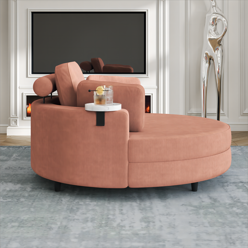 A 51-inch orange corduroy sofa with two throw pillows, a waist pillow and an extra tray is comfortable for a small apartment bedroom - Grand Goldman Shop