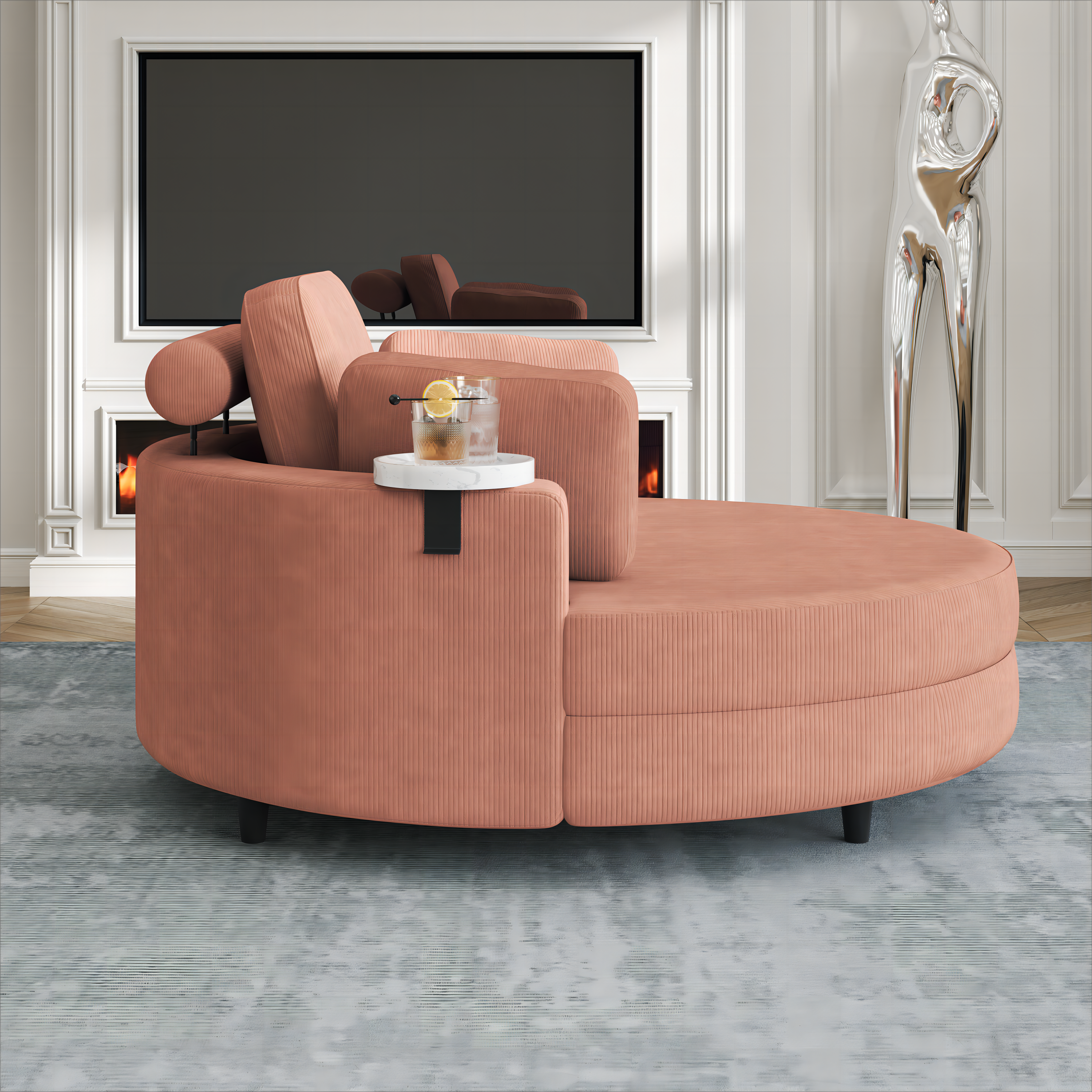 A 51-inch orange corduroy sofa with two throw pillows, a waist pillow and an extra tray is comfortable for a small apartment bedroom - Grand Goldman Shop