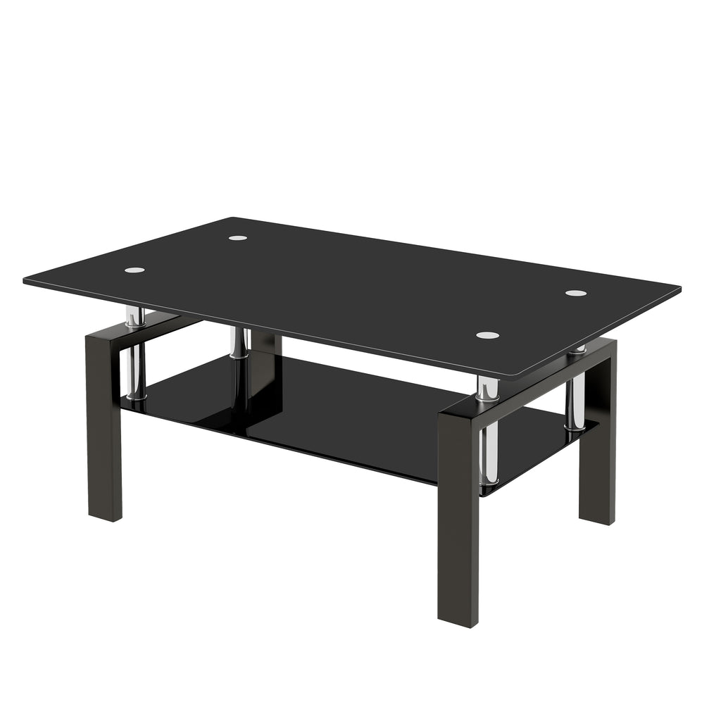 Modern Tempered Black Glass Coffee Table with 2-Layers and Waterfall Edges for Living Room - Grand Goldman Shop