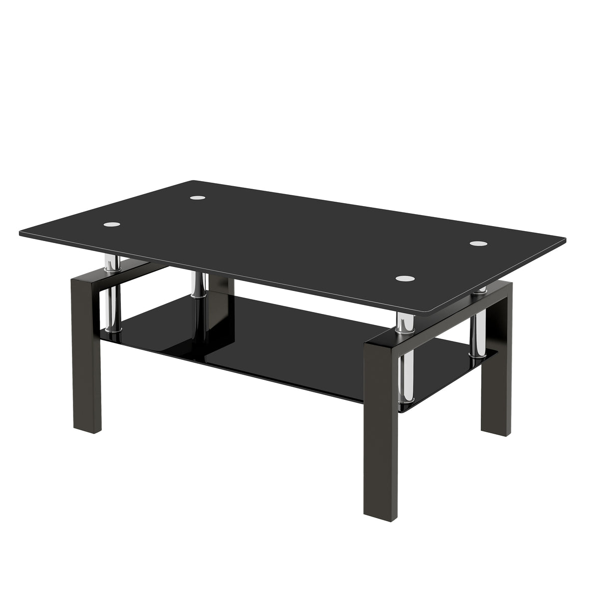 Modern Tempered Black Glass Coffee Table with 2-Layers and Waterfall Edges for Living Room - Grand Goldman Shop