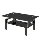 Modern Tempered Black Glass Coffee Table with 2-Layers and Waterfall Edges for Living Room - Grand Goldman Shop