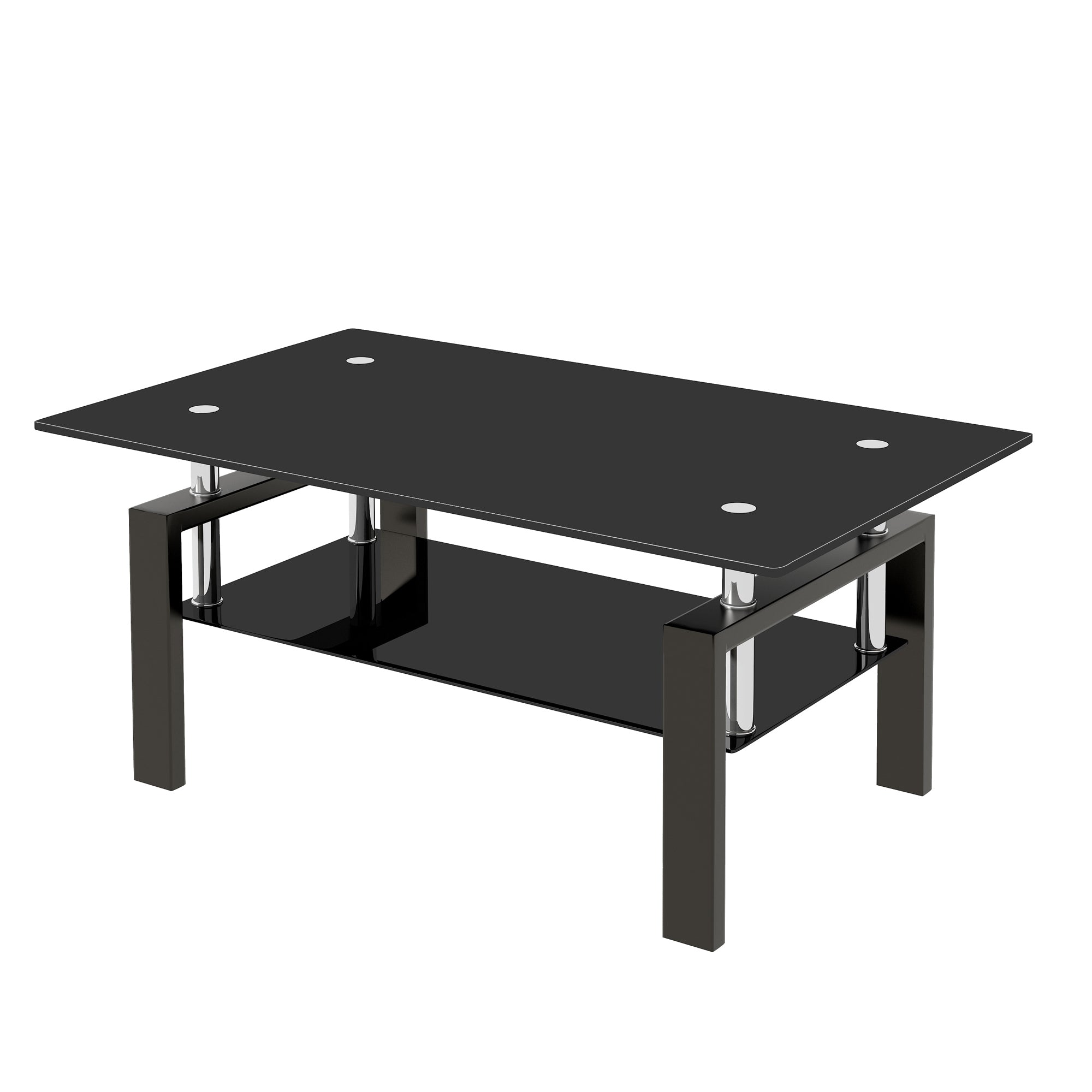 Modern Tempered Black Glass Coffee Table with 2-Layers and Waterfall Edges for Living Room - Grand Goldman Shop