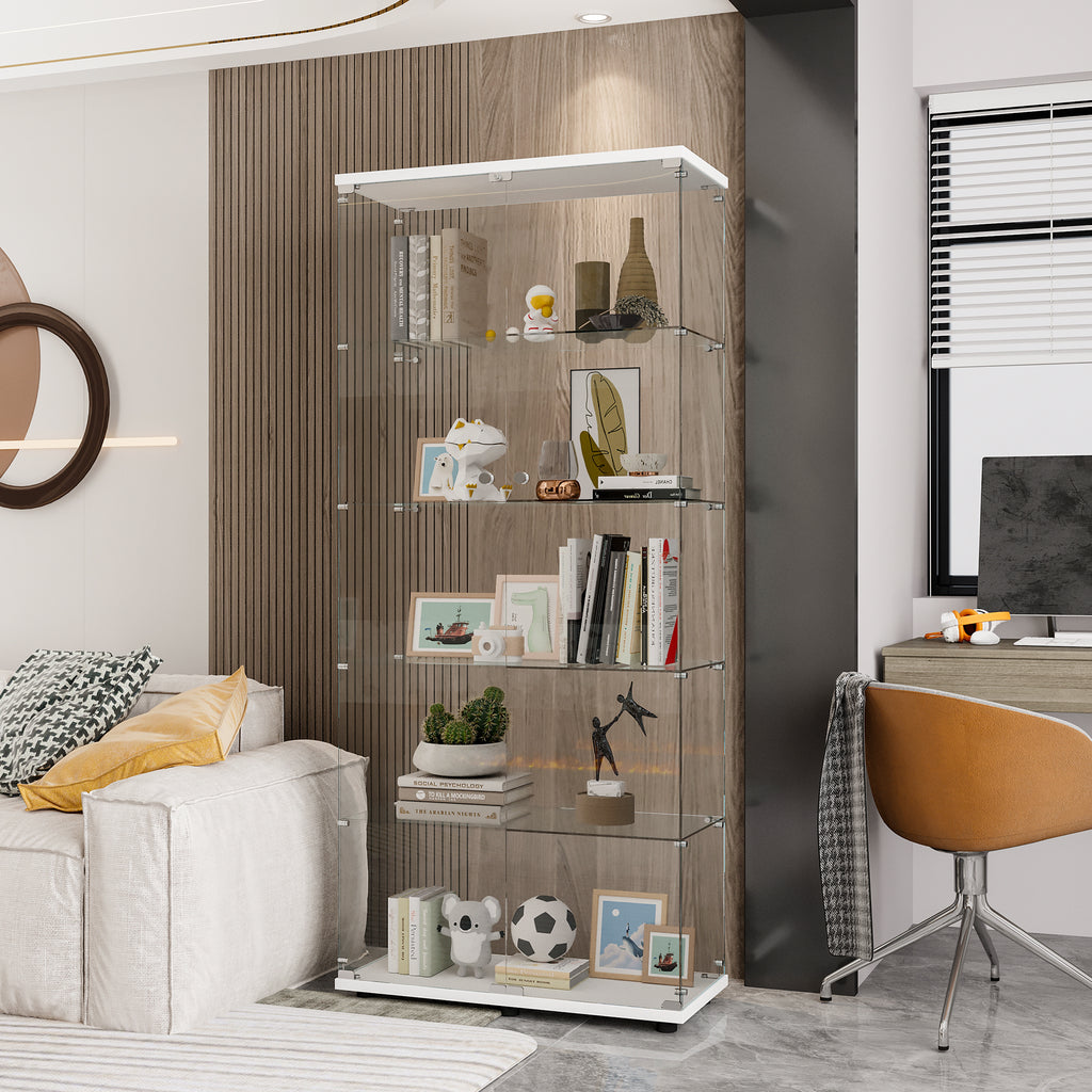 Glass Display Cabinet with 5 Shelves Double Door, Curio Cabinets for Living Room, Bedroom, Office, White Floor Standing Glass