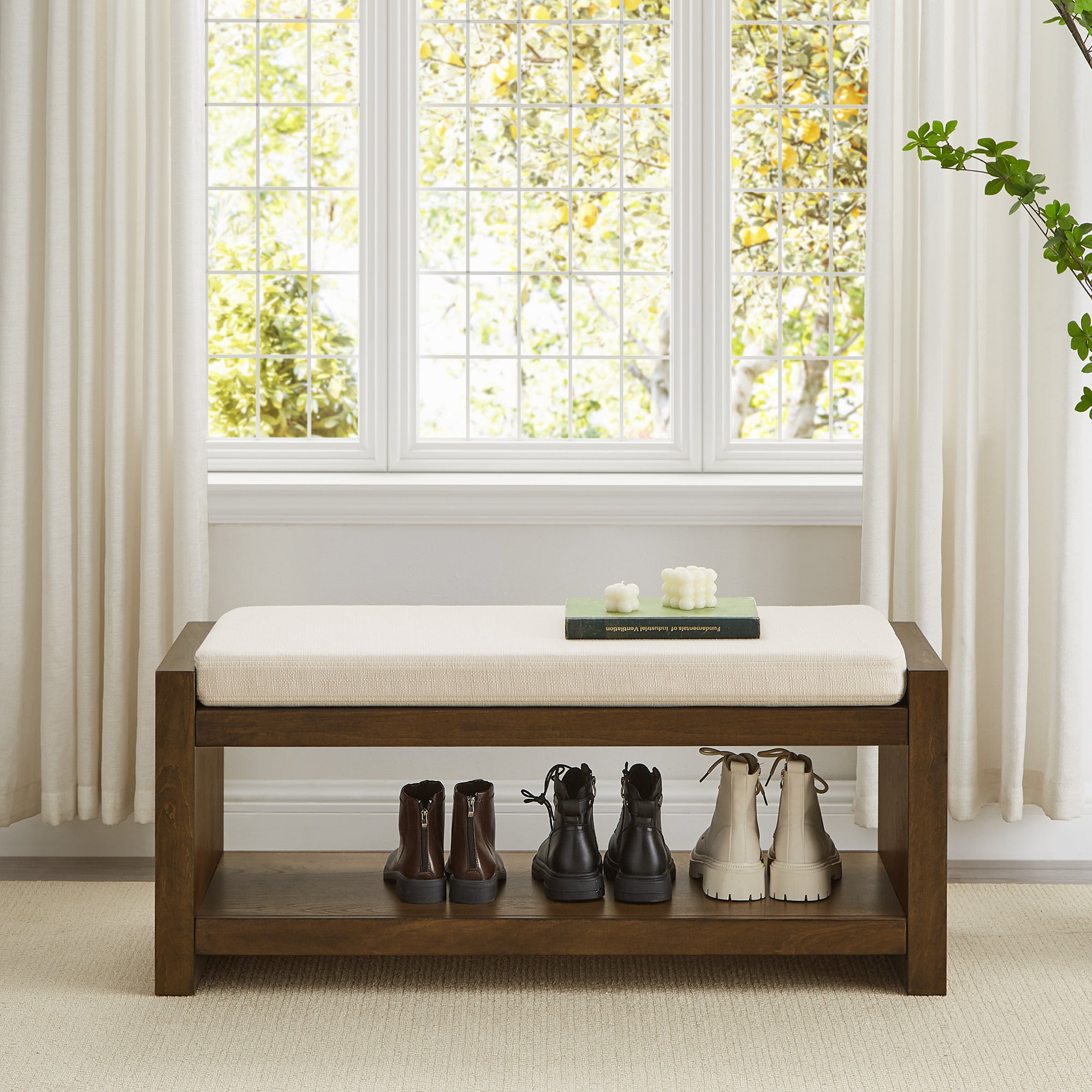 40' Accent Bench with Lower Shelf Shoe Rack, Padded Seating Bench for Living Room, Modern Compact Bed End Bench with Storage for Bedroom Seating, Removable Cushion,  40'W-Ivory - Grand Goldman Shop