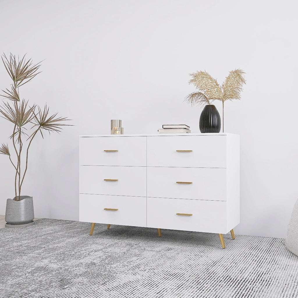 High Glossy Surface 6 Drawers Chest of Drawer with Golden Handle and Golden Steel Legs White Color Vanity - Grand Goldman Shop