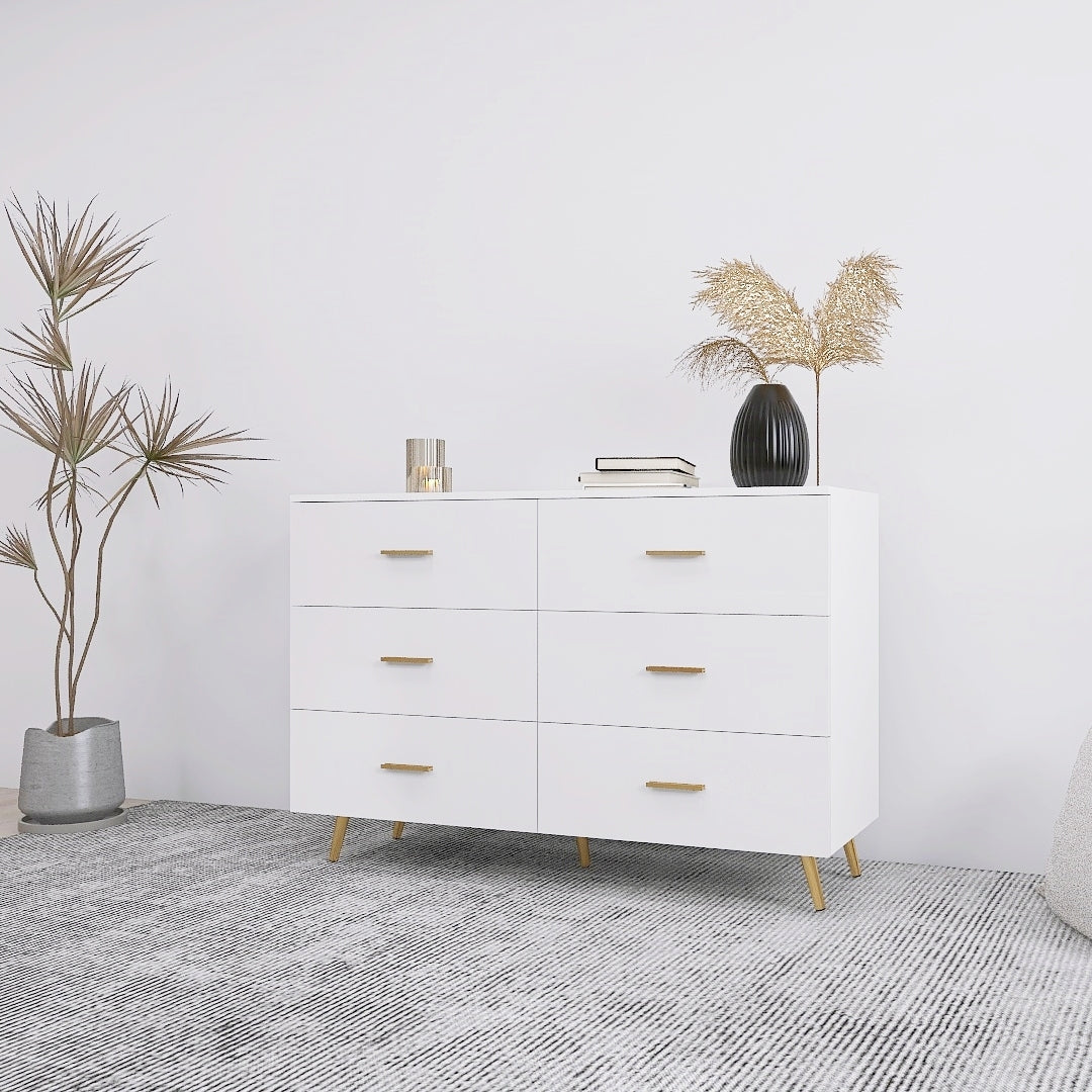 High Glossy Surface 6 Drawers Chest of Drawer with Golden Handle and Golden Steel Legs White Color Vanity - Grand Goldman Shop