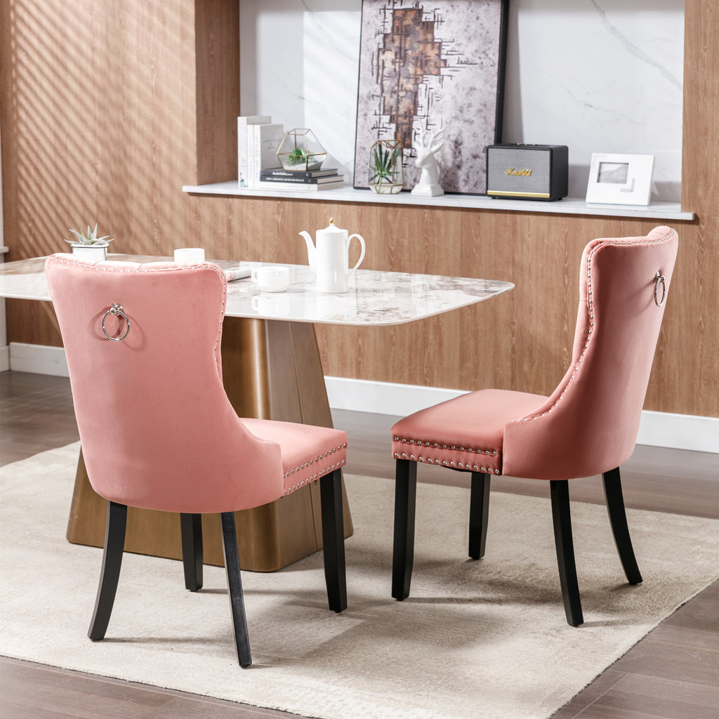 Nikki Collection Modern, High-end Tufted Solid Wood Contemporary Velvet Upholstered Dining Chair with Wood Legs Nailhead Trim 2-Pcs Set,Pink, SW2001PK - Grand Goldman Shop