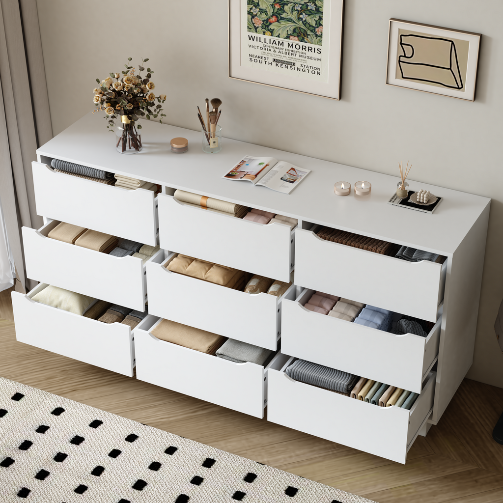 9 Drawer Dresser for Bedroom with Deep Drawers, Large Floor Wood Dressers & Chest of Drawers , Modern White Long Dressers for Closet Living Room - Grand Goldman Shop