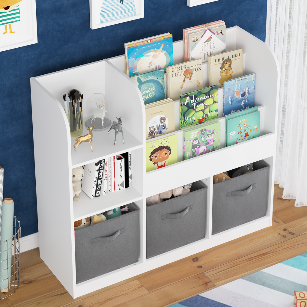 Kids Bookcase and Bookshelf with 3 Collapsible Fabric Drawers, Multifunctional Display Stand for Bedroom, Playroom, Hallway i