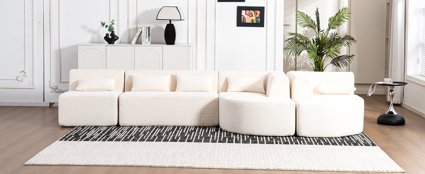 Modern Upholstered L-Shape Sofa with Chaise Lounge and Back Pillows, Beige Boucle Fabric, 144 inches - Grand Goldman Shop