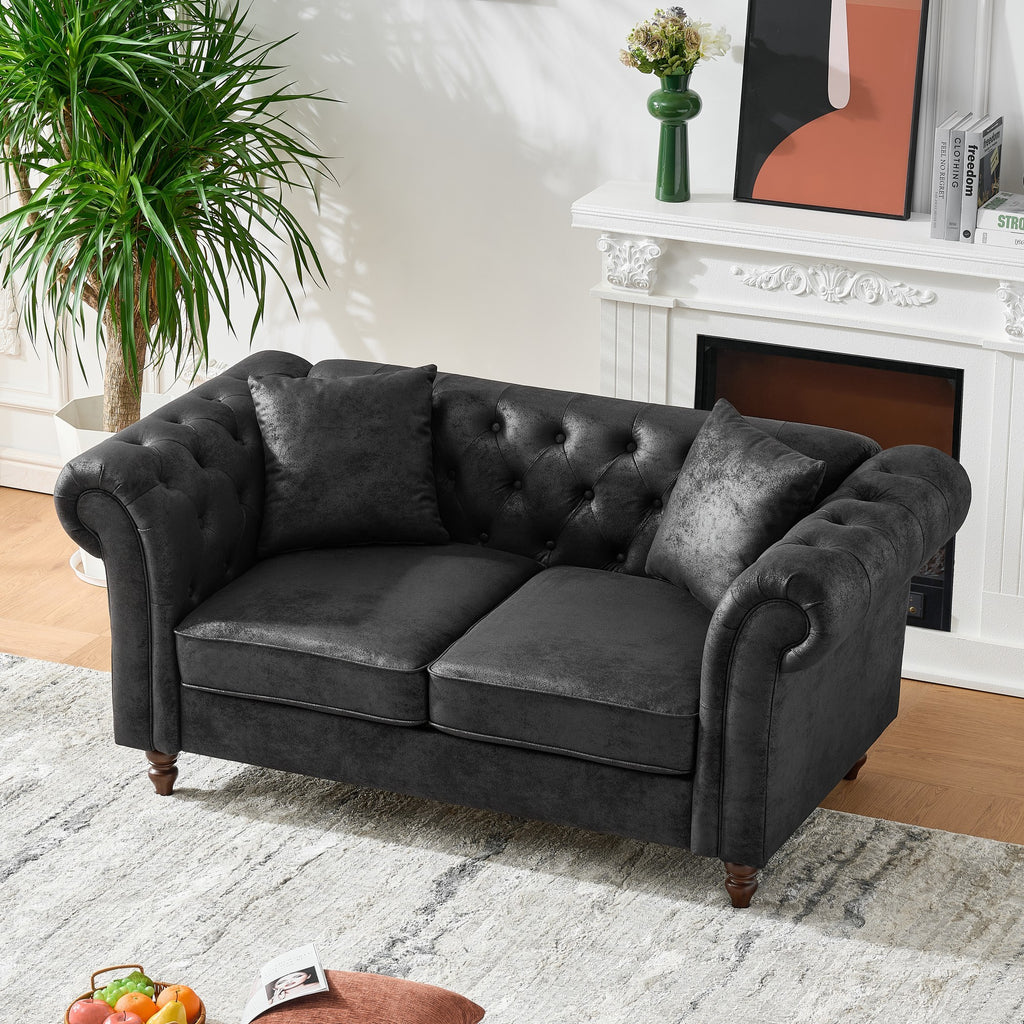 Chesterfield Faux Leather Sofa, High-tech Fabric Roll Armrest, Black, 66' - Grand Goldman Shop