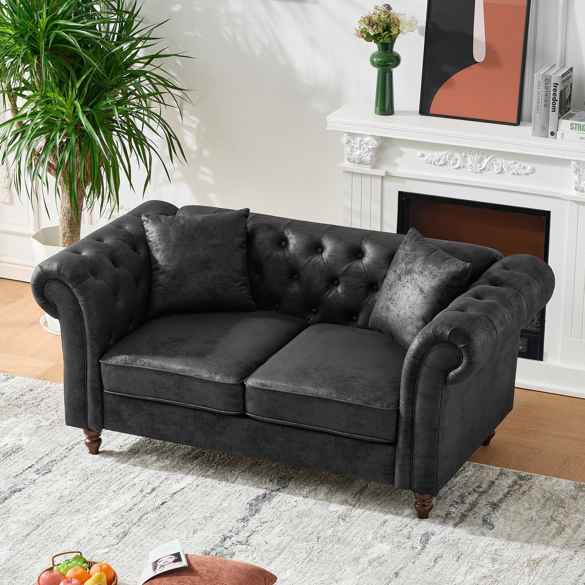 Chesterfield Faux Leather Sofa, High-tech Fabric Roll Armrest, Black, 66' - Grand Goldman Shop