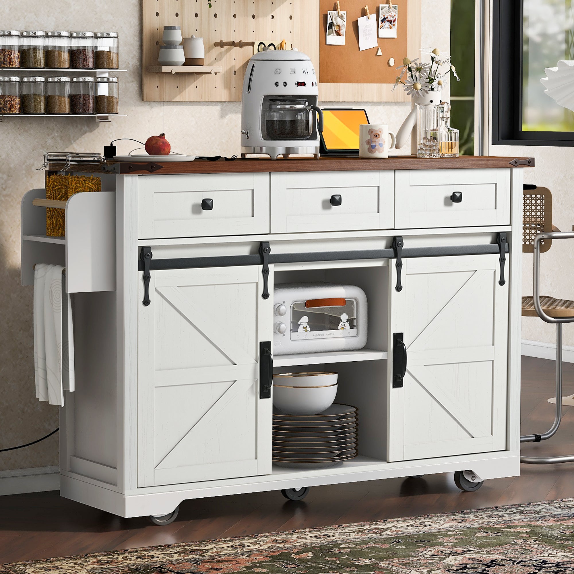 K&K 53.7' Farmhouse Kitchen Island with Power Outlet, 2 Sliding Barn Door Kitchen Storage Island with Drop Leaf, Spice Rack Rolling Kitchen Cart on Wheels, for Home, Kitchen and Dining Room, White - Grand Goldman Shop