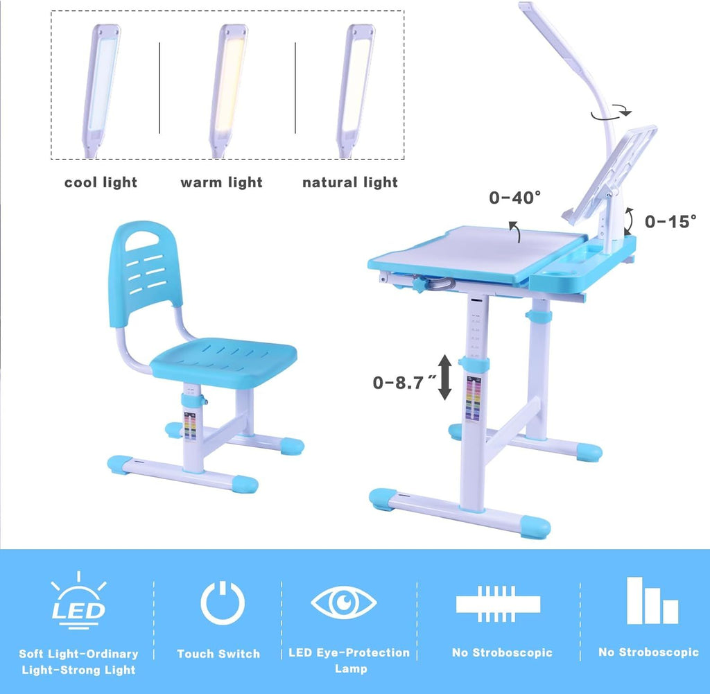 Desk for Kids Desk and Chair Set Kids Art Desk Drafting Table Desk Set with Adjustable Height, 40-Degree Tiltable Children De