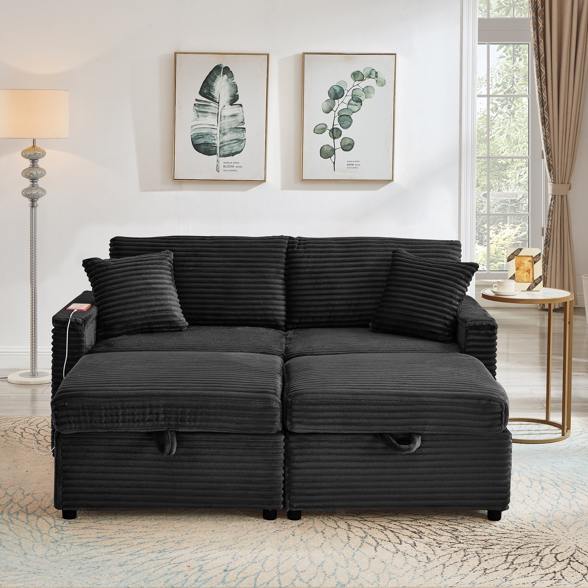 Comfortable Fluffy Corduroy Lazy Sofa, Storage Space for Big Loveseat, Super Soft Chaise Lounge with Double Ottomans and Table Board,Suitable for Chailiving - Grand Goldman Shop