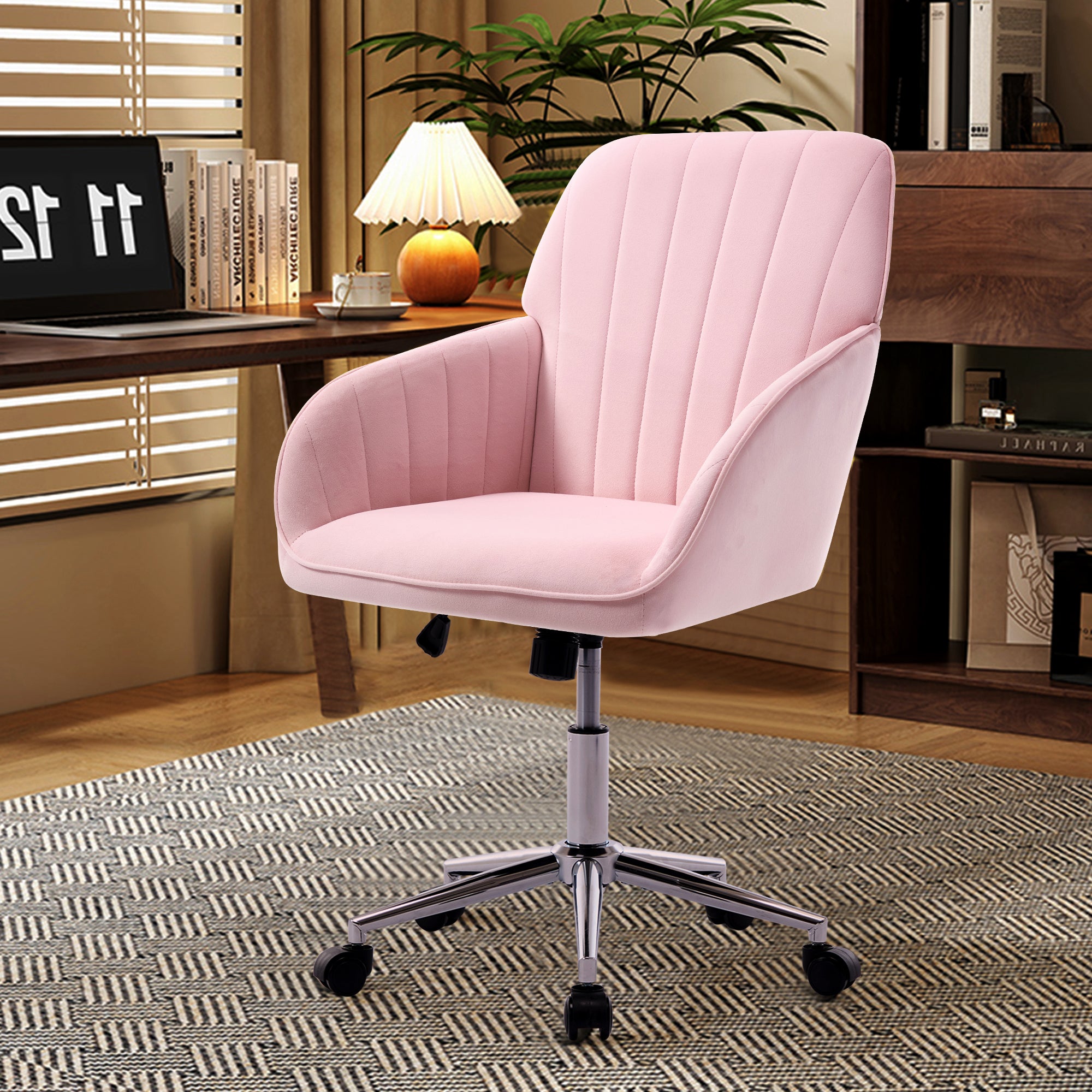 TY Ergonomic Office Chair, Baby Pink Velvet Adjustable Swivel Chair with Lumbar Support for Home or Bedroom Use - Grand Goldm