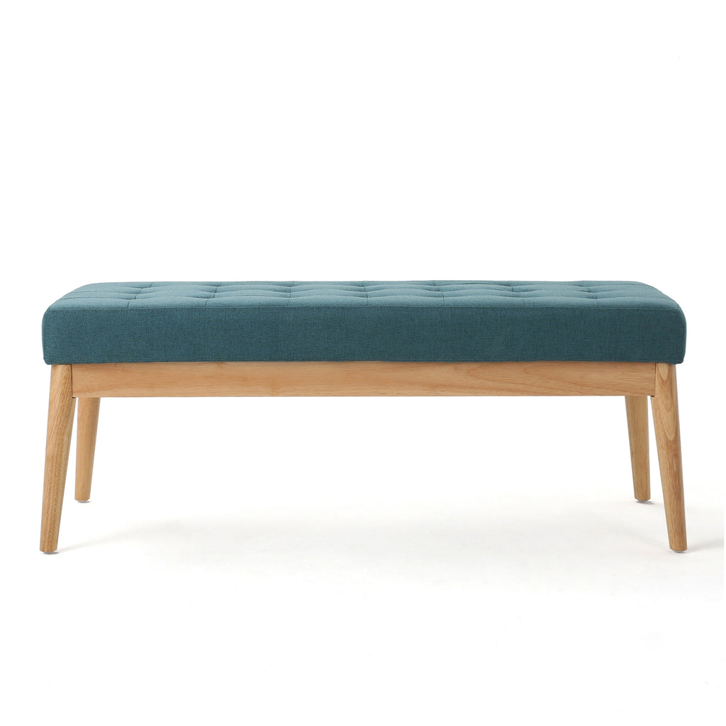 Vibratory Button Tufted Upholstered Ottoman with Splayed Wooden Legs, Teal and Natural - Grand Goldman Shop