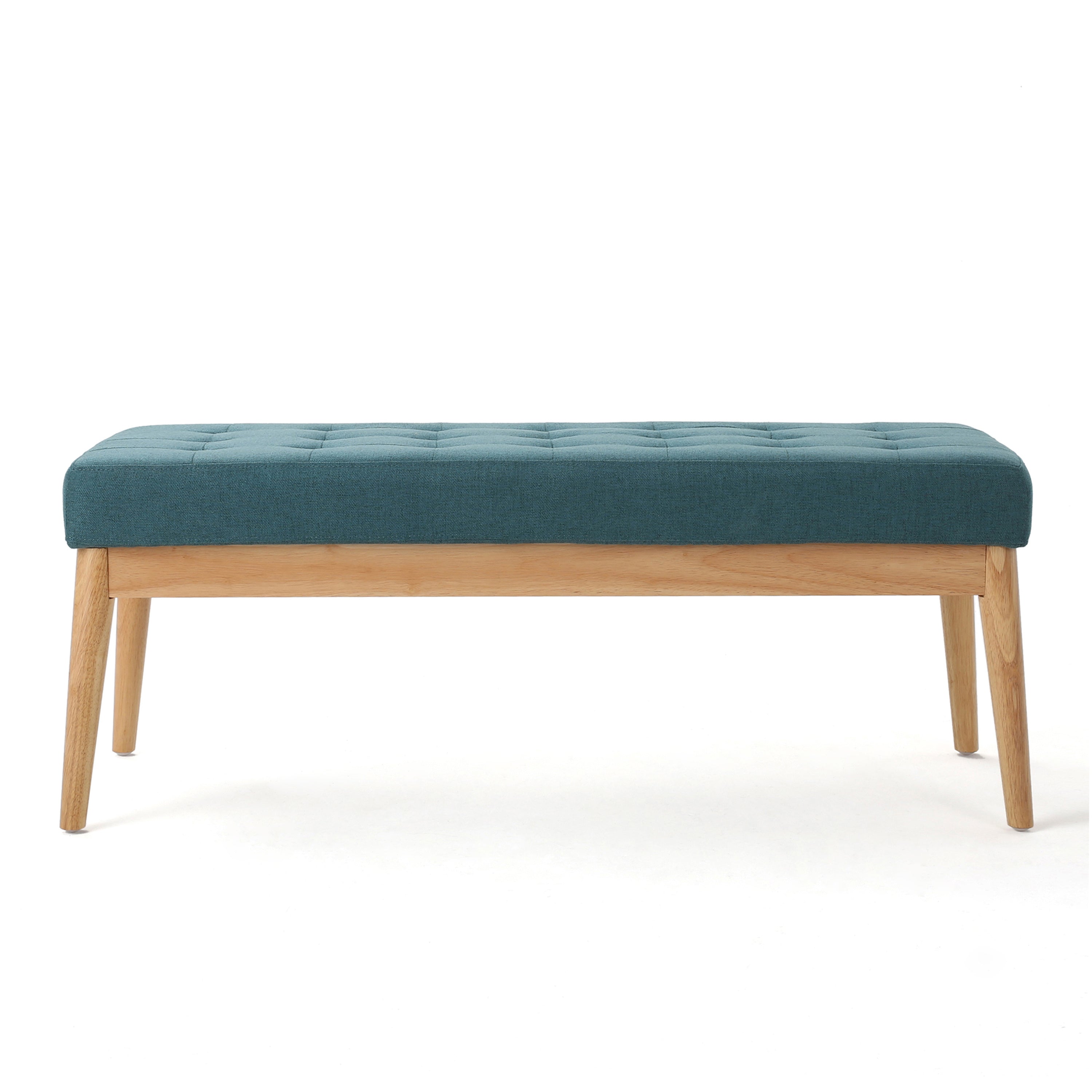 Vibratory Button Tufted Upholstered Ottoman with Splayed Wooden Legs, Teal and Natural - Grand Goldman Shop