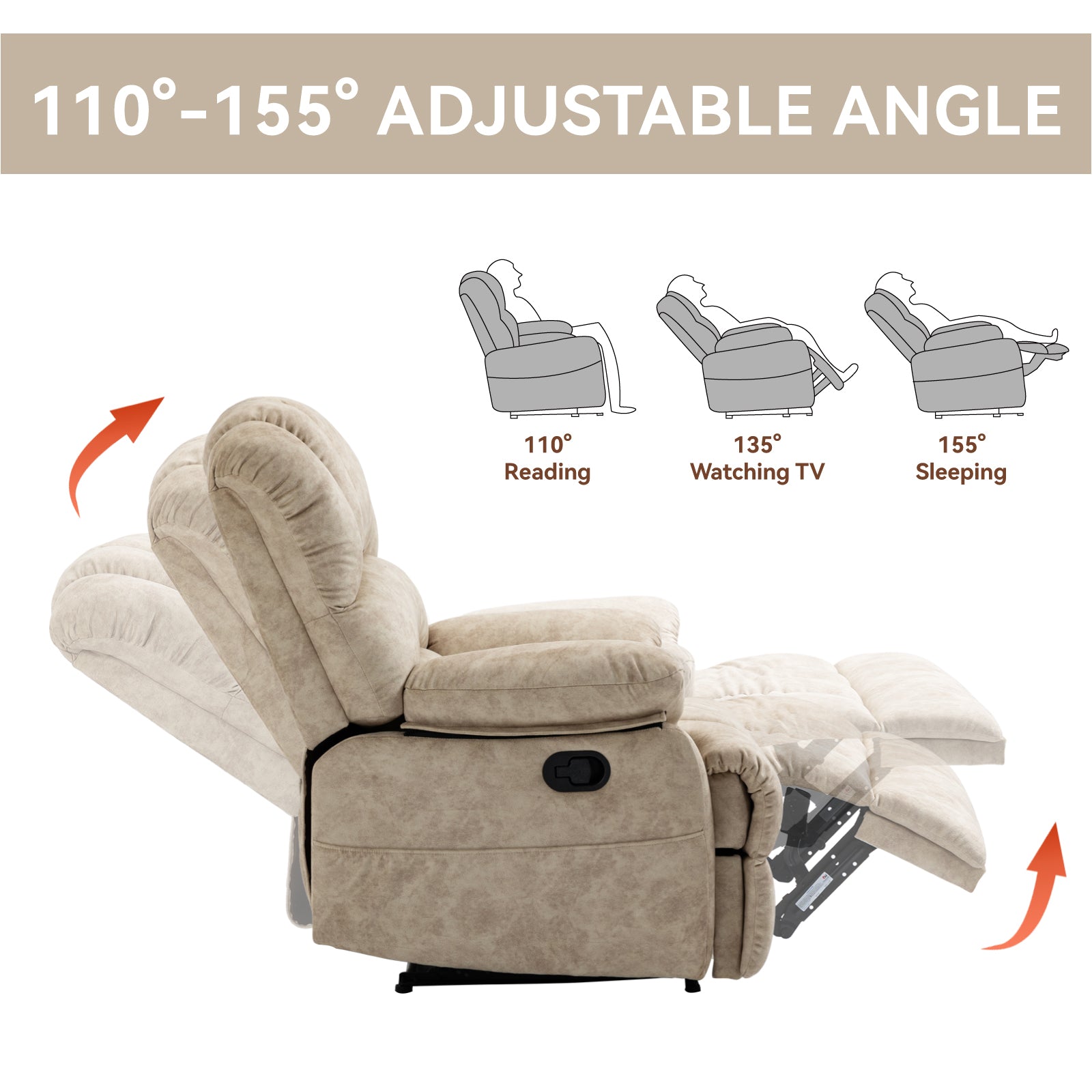 Large Manual Recliner Chair in Fabric for Living Room, Beige - Grand Goldman Shop