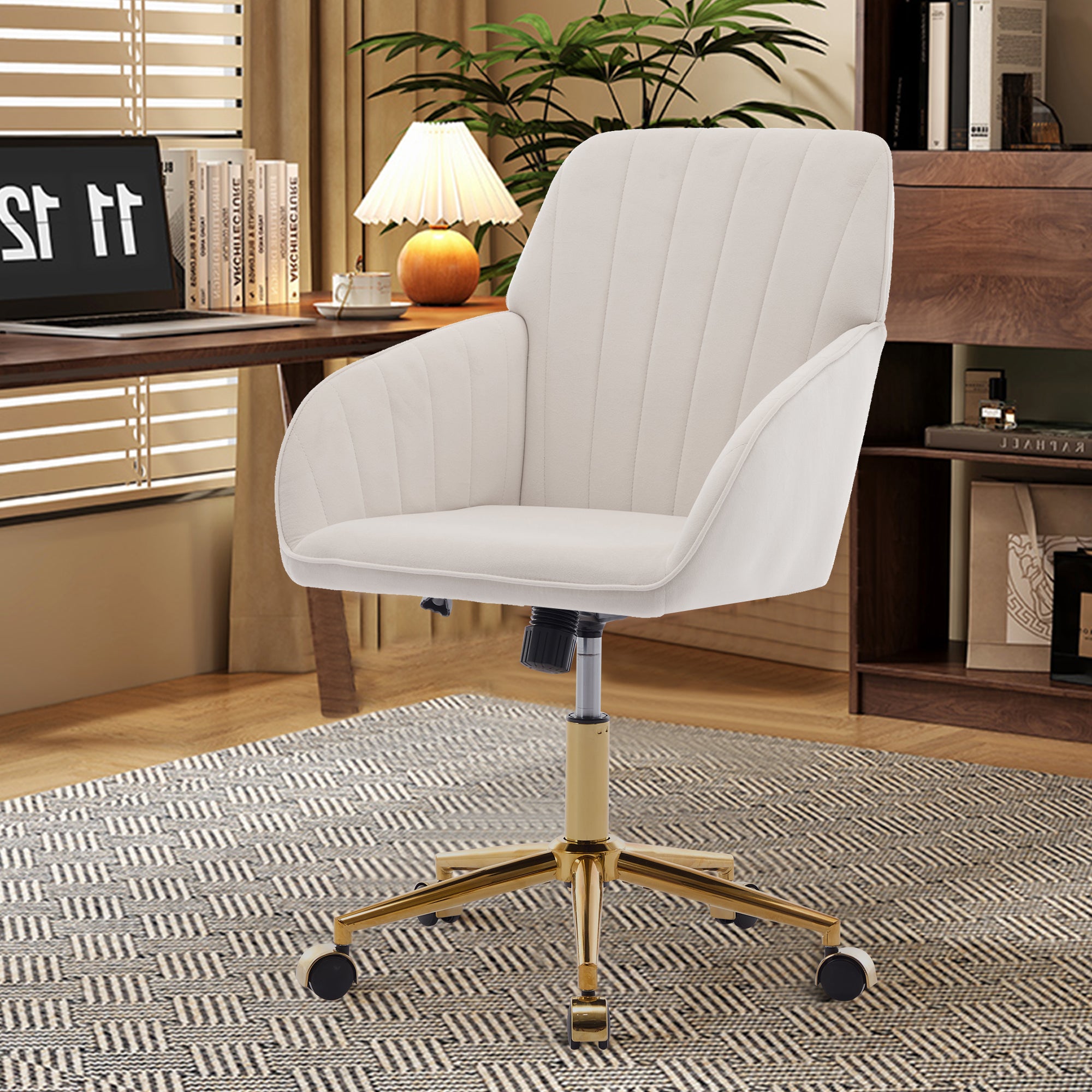 TY Ergonomic Swivel Office Chair, Adjustable and Comfortable, Beige Velvet Upholstery, 24.60 x 22.84 x 38.00 inches | Premium