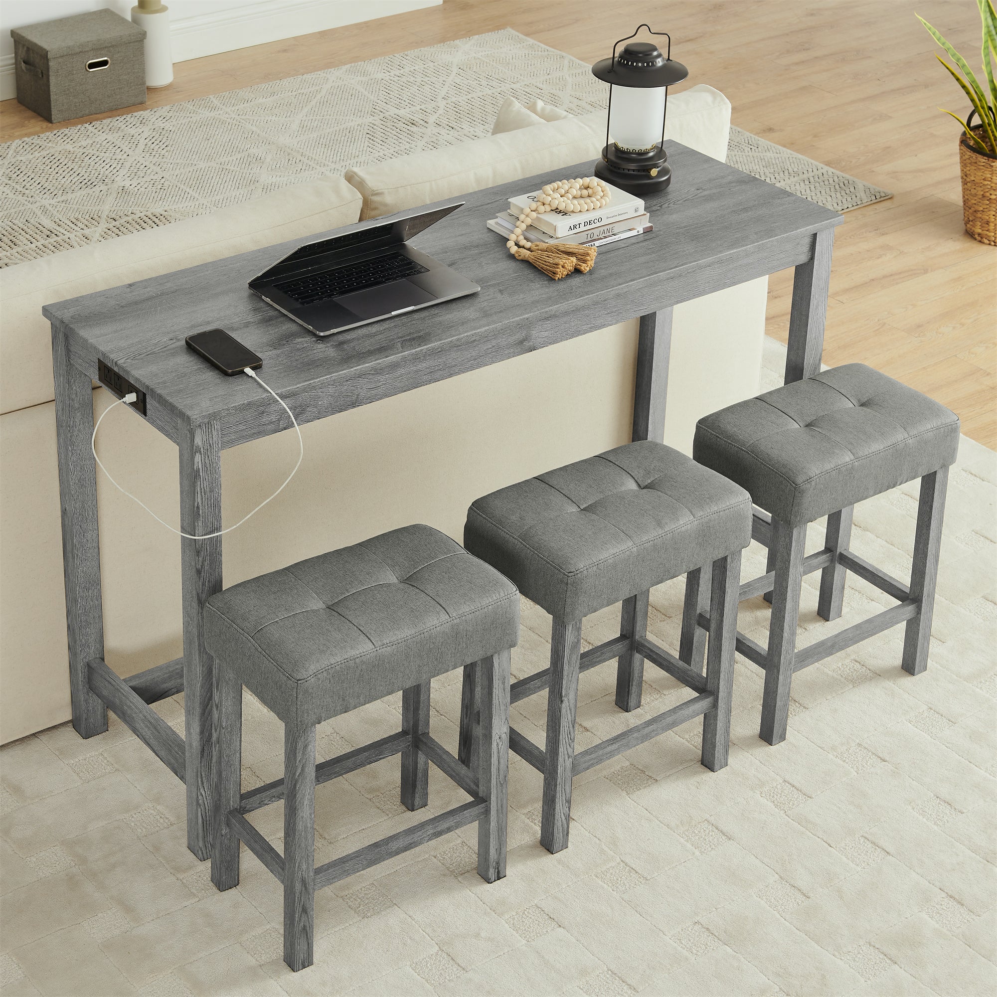 59 Inch Bar Table, Dining Table, Sofa Table with Power Outlet, 3 Upholstered Stools, 4 Piece Bar Table and Chair Set for Living Room, Dining Room, Kitchen - Grand Goldman Shop