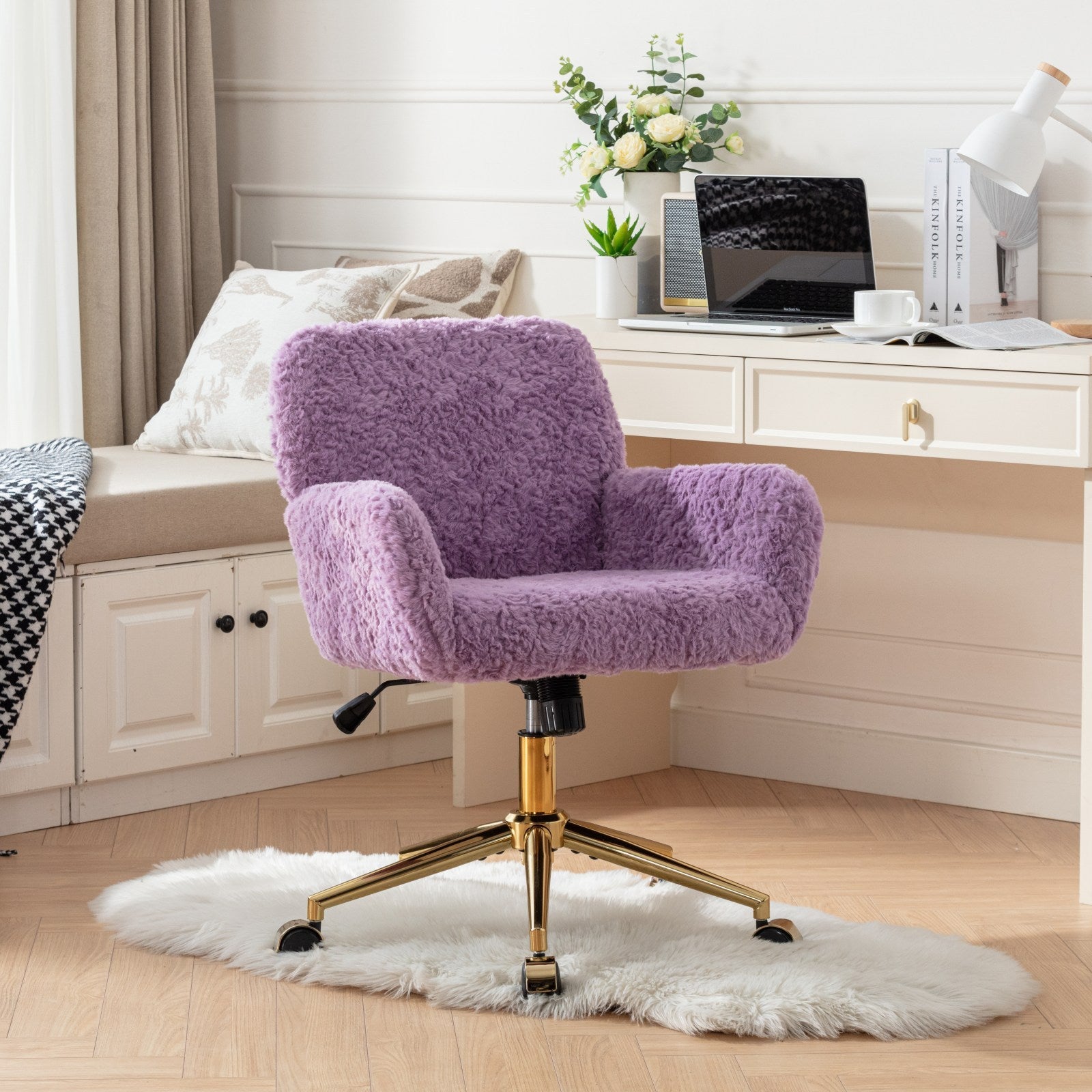 Stylish A&A Furniture Home Office Chair Violet Velvet with Golden Metal Base Adjustable Swivel - Available at Grand Goldman
