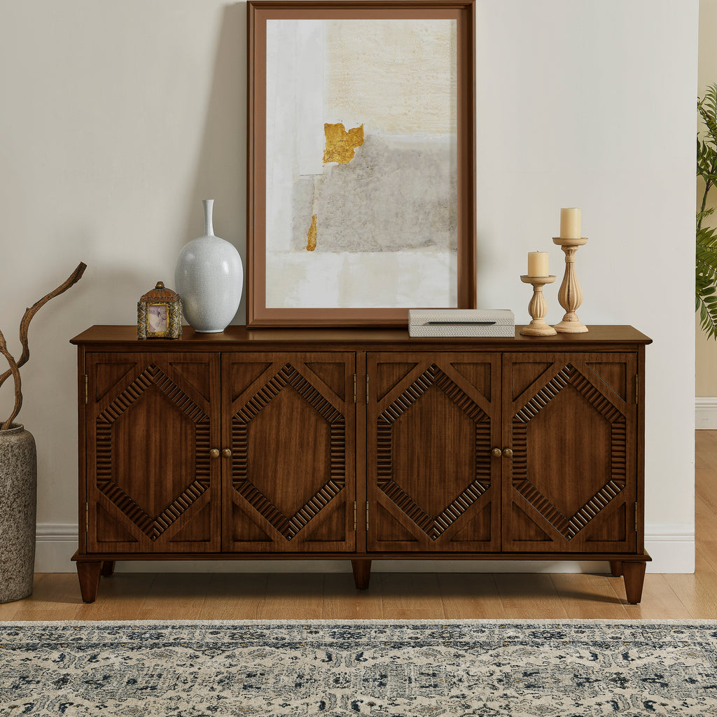 65.2' Mid Century Modern Sideboard Buffet Cabinet with Storage, Symmetrical Geometric Accent Coffee Bar Wine Bar Storage Cabinet, Large Console Table for Living Room/Entryway/Kitchen, Walnut - Grand Goldman Shop