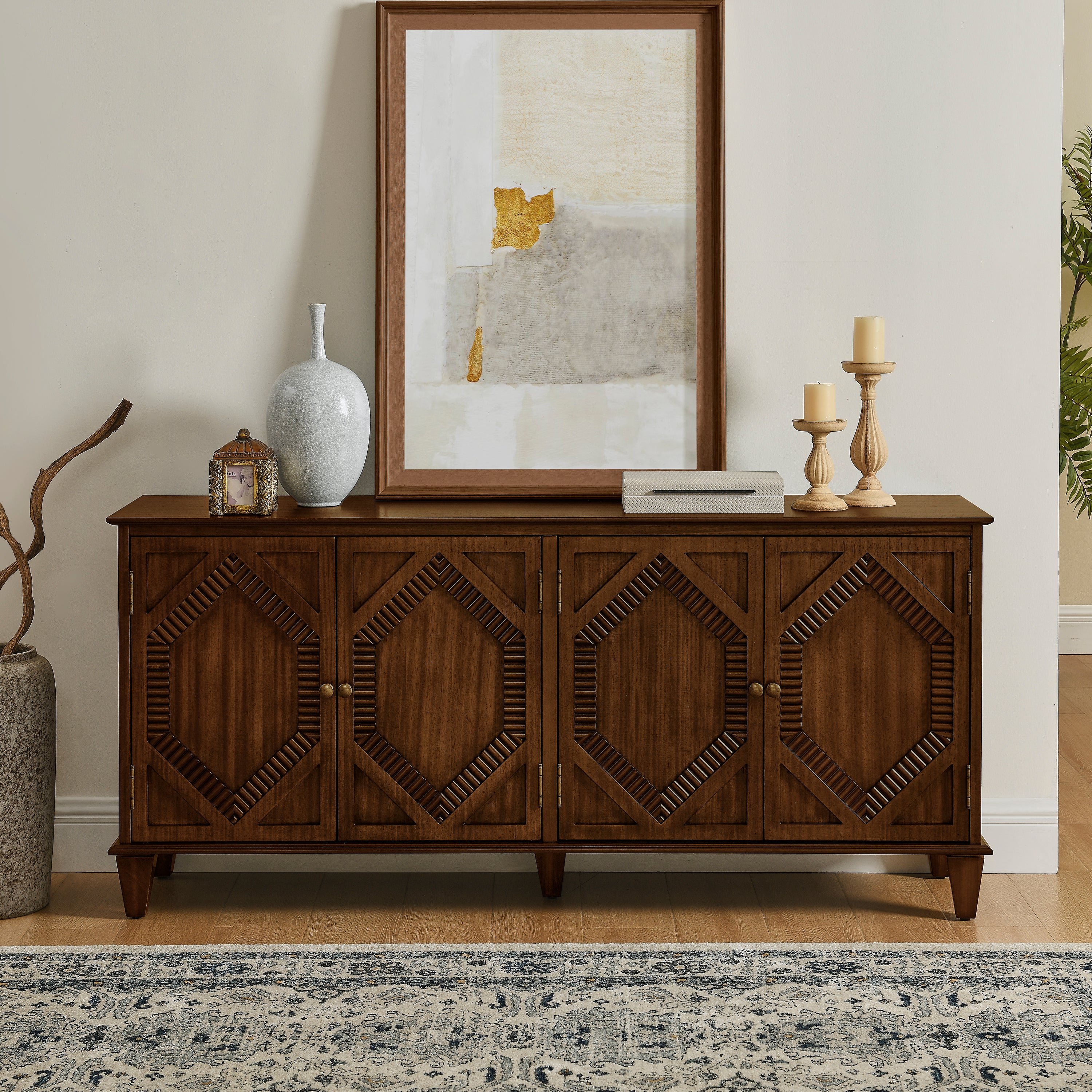 65.2' Mid Century Modern Sideboard Buffet Cabinet with Storage, Symmetrical Geometric Accent Coffee Bar Wine Bar Storage Cabinet, Large Console Table for Living Room/Entryway/Kitchen, Walnut - Grand Goldman Shop
